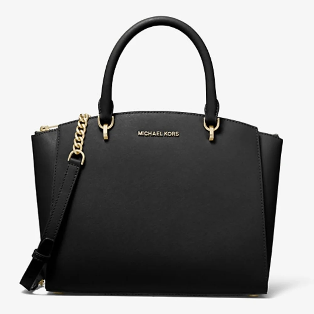Michael Kors Ellis Black‎ Safianno Leather Satchel Gold Hardware ☆